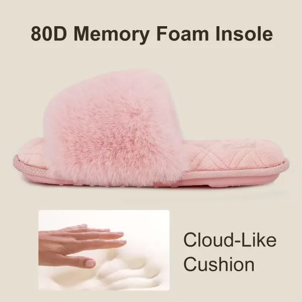 imageLongBay Womens Fuzzy Faux Fur Memory Foam Cozy Flat Spa Slide Slippers Comfy Open Toe Slip On House Shoes SandalsPink