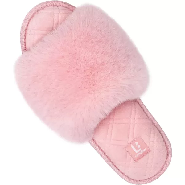 imageLongBay Womens Fuzzy Faux Fur Memory Foam Cozy Flat Spa Slide Slippers Comfy Open Toe Slip On House Shoes SandalsPink