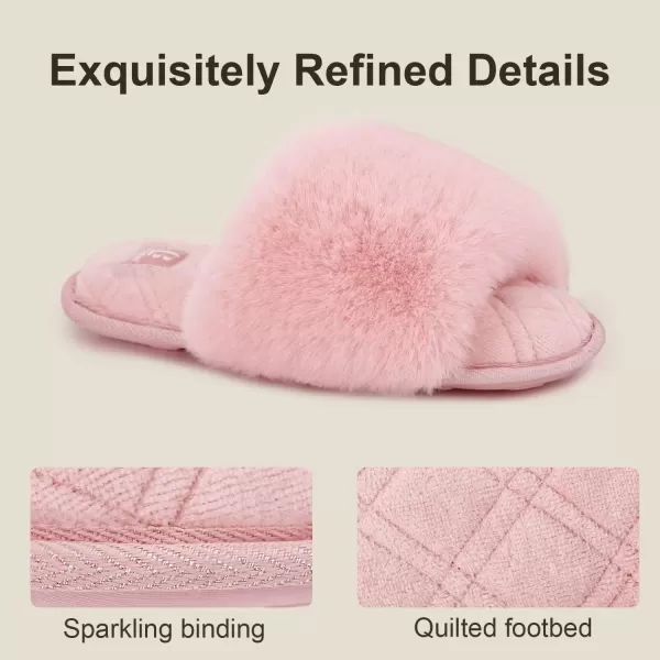 imageLongBay Womens Fuzzy Faux Fur Memory Foam Cozy Flat Spa Slide Slippers Comfy Open Toe Slip On House Shoes SandalsPink