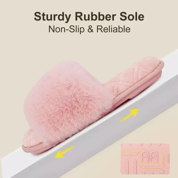 imageLongBay Womens Fuzzy Faux Fur Memory Foam Cozy Flat Spa Slide Slippers Comfy Open Toe Slip On House Shoes SandalsPink