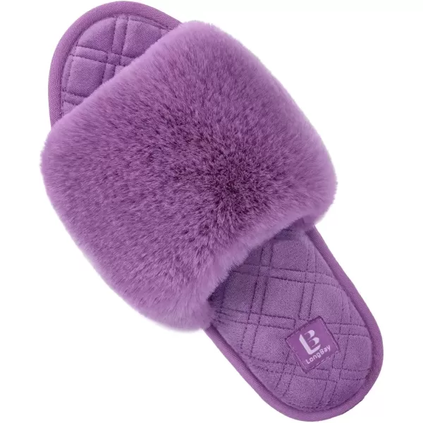 imageLongBay Womens Fuzzy Faux Fur Memory Foam Cozy Flat Spa Slide Slippers Comfy Open Toe Slip On House Shoes SandalsPurple