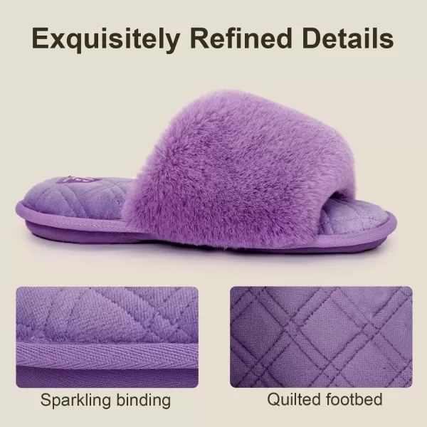imageLongBay Womens Fuzzy Faux Fur Memory Foam Cozy Flat Spa Slide Slippers Comfy Open Toe Slip On House Shoes SandalsPurple