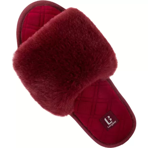 imageLongBay Womens Fuzzy Faux Fur Memory Foam Cozy Flat Spa Slide Slippers Comfy Open Toe Slip On House Shoes SandalsWine Red