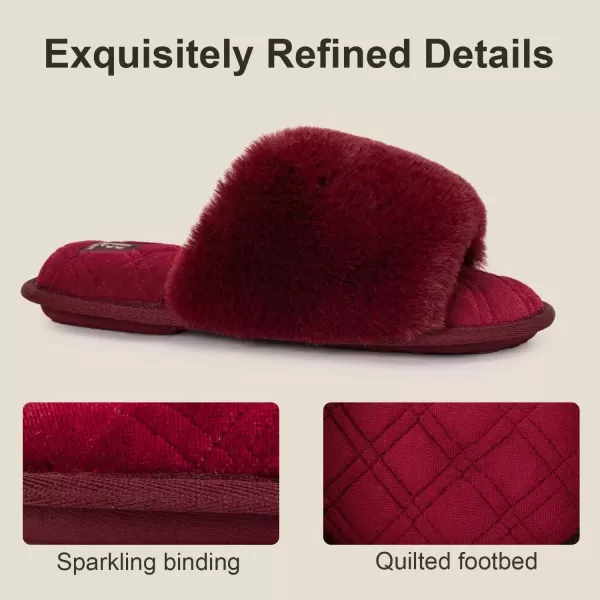 imageLongBay Womens Fuzzy Faux Fur Memory Foam Cozy Flat Spa Slide Slippers Comfy Open Toe Slip On House Shoes SandalsWine Red