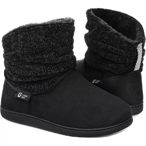 imageLongBay Womens Warm Chenille Knit Bootie Slippers Memory Foam Comfy Suede Fluffy Faux Fur Memory Foam Boots House ShoesBlack