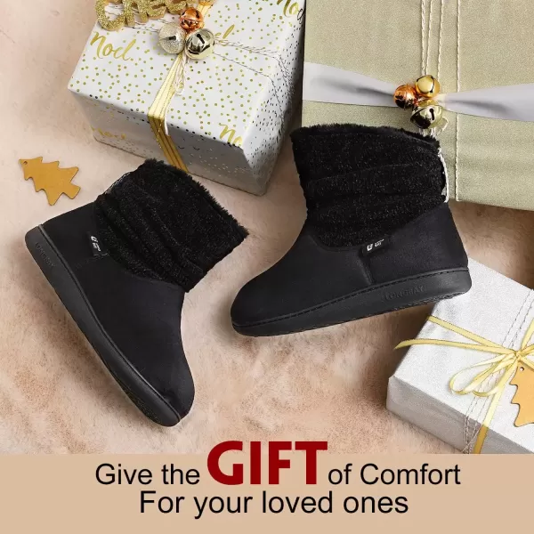 imageLongBay Womens Warm Chenille Knit Bootie Slippers Memory Foam Comfy Suede Fluffy Faux Fur Memory Foam Boots House ShoesBlack
