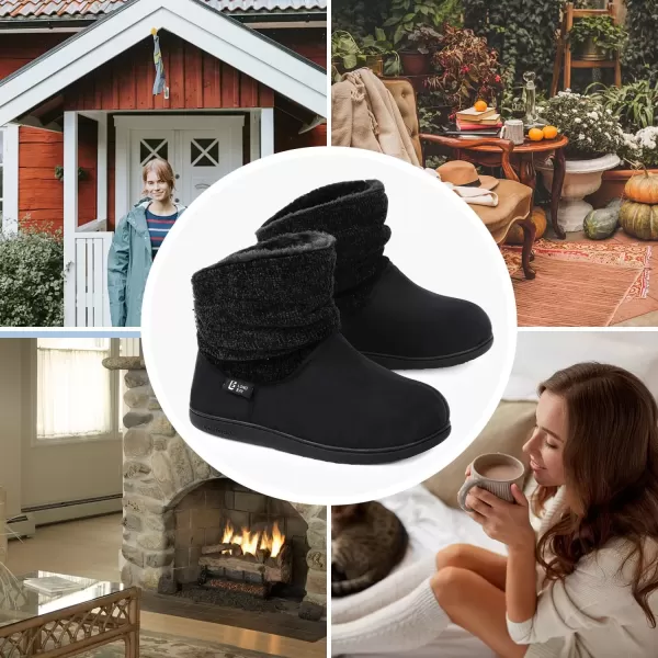 imageLongBay Womens Warm Chenille Knit Bootie Slippers Memory Foam Comfy Suede Fluffy Faux Fur Memory Foam Boots House ShoesBlack
