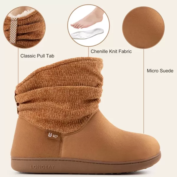imageLongBay Womens Warm Chenille Knit Bootie Slippers Memory Foam Comfy Suede Fluffy Faux Fur Memory Foam Boots House ShoesCamel