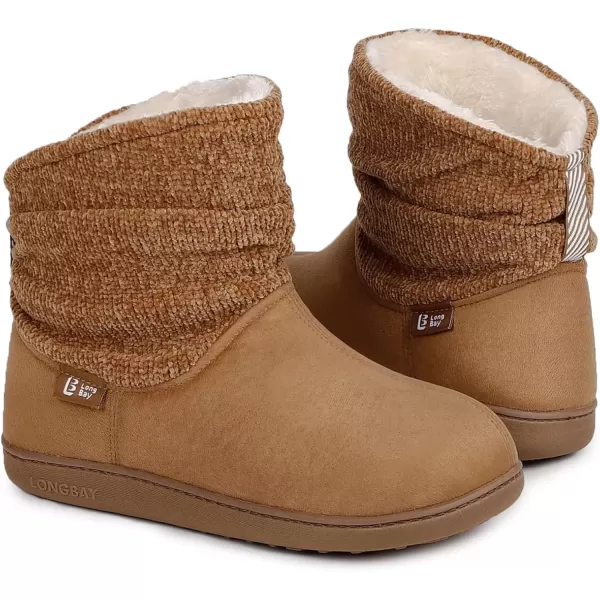 imageLongBay Womens Warm Chenille Knit Bootie Slippers Memory Foam Comfy Suede Fluffy Faux Fur Memory Foam Boots House ShoesCamel