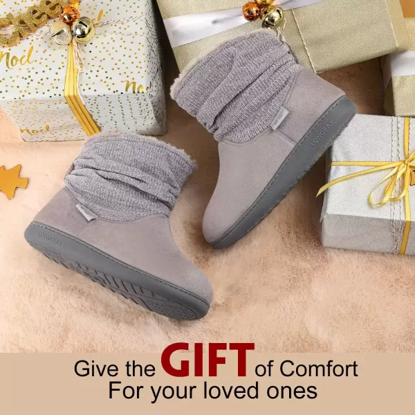 imageLongBay Womens Warm Chenille Knit Bootie Slippers Memory Foam Comfy Suede Fluffy Faux Fur Memory Foam Boots House ShoesGrey