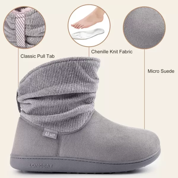 imageLongBay Womens Warm Chenille Knit Bootie Slippers Memory Foam Comfy Suede Fluffy Faux Fur Memory Foam Boots House ShoesGrey