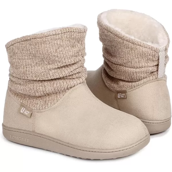imageLongBay Womens Warm Chenille Knit Bootie Slippers Memory Foam Comfy Suede Fluffy Faux Fur Memory Foam Boots House ShoesKhaki