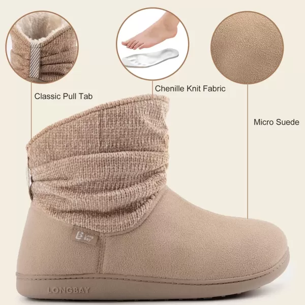 imageLongBay Womens Warm Chenille Knit Bootie Slippers Memory Foam Comfy Suede Fluffy Faux Fur Memory Foam Boots House ShoesKhaki