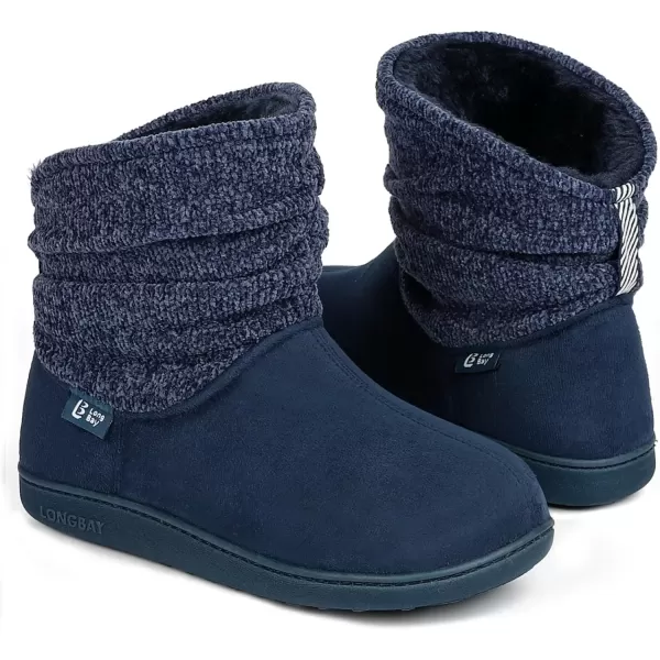 imageLongBay Womens Warm Chenille Knit Bootie Slippers Memory Foam Comfy Suede Fluffy Faux Fur Memory Foam Boots House ShoesNavy Blue