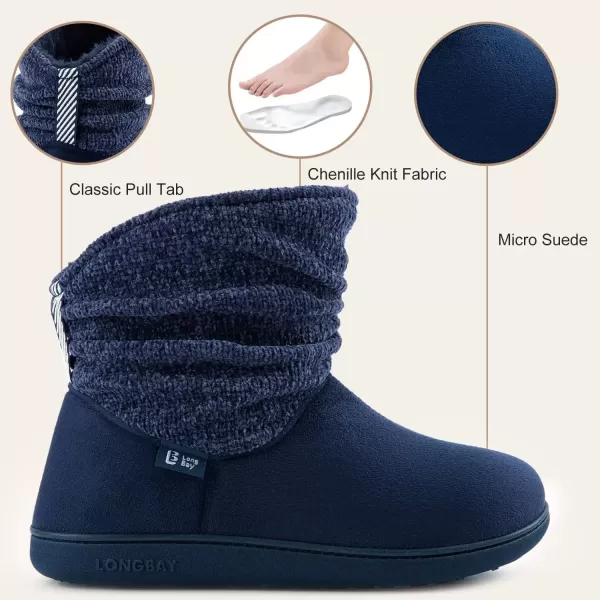 imageLongBay Womens Warm Chenille Knit Bootie Slippers Memory Foam Comfy Suede Fluffy Faux Fur Memory Foam Boots House ShoesNavy Blue