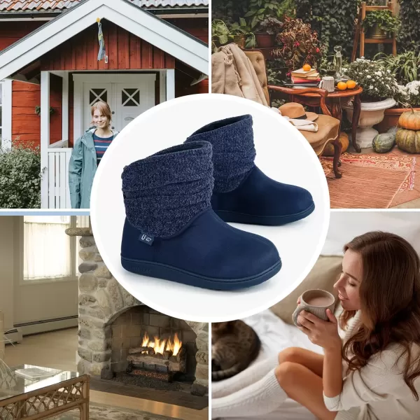 imageLongBay Womens Warm Chenille Knit Bootie Slippers Memory Foam Comfy Suede Fluffy Faux Fur Memory Foam Boots House ShoesNavy Blue