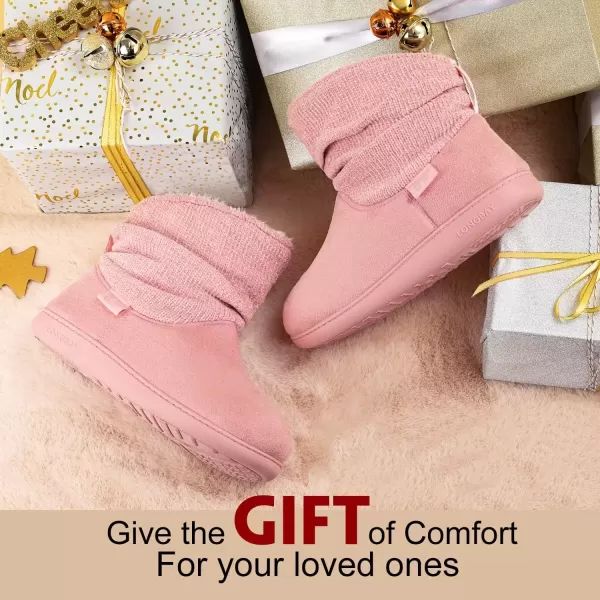 imageLongBay Womens Warm Chenille Knit Bootie Slippers Memory Foam Comfy Suede Fluffy Faux Fur Memory Foam Boots House ShoesPink