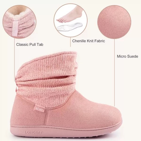 imageLongBay Womens Warm Chenille Knit Bootie Slippers Memory Foam Comfy Suede Fluffy Faux Fur Memory Foam Boots House ShoesPink