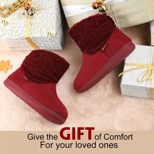 imageLongBay Womens Warm Chenille Knit Bootie Slippers Memory Foam Comfy Suede Fluffy Faux Fur Memory Foam Boots House ShoesWine Red