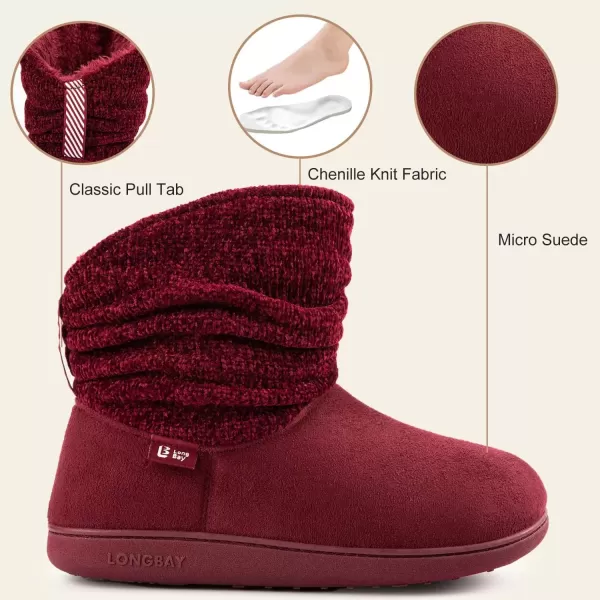 imageLongBay Womens Warm Chenille Knit Bootie Slippers Memory Foam Comfy Suede Fluffy Faux Fur Memory Foam Boots House ShoesWine Red