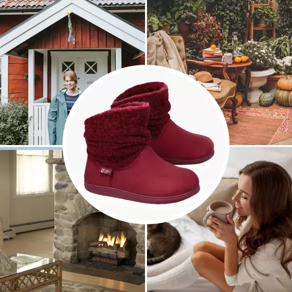 imageLongBay Womens Warm Chenille Knit Bootie Slippers Memory Foam Comfy Suede Fluffy Faux Fur Memory Foam Boots House ShoesWine Red