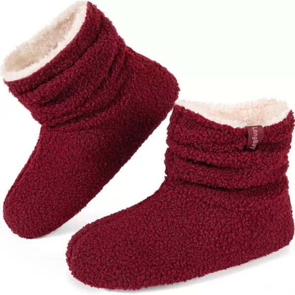 imageLongBay Womens Warm Curly Fur Bootie Slippers Comfy Plush Fleece Boots Memory Foam House ShoesWine Red