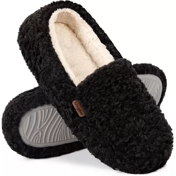 imageLongBay Womens Fuzzy Memory Foam Slippers Warm Cozy Shearling House Slippers for Ladies Supportive Slip on Indoor Home ShoesBlack