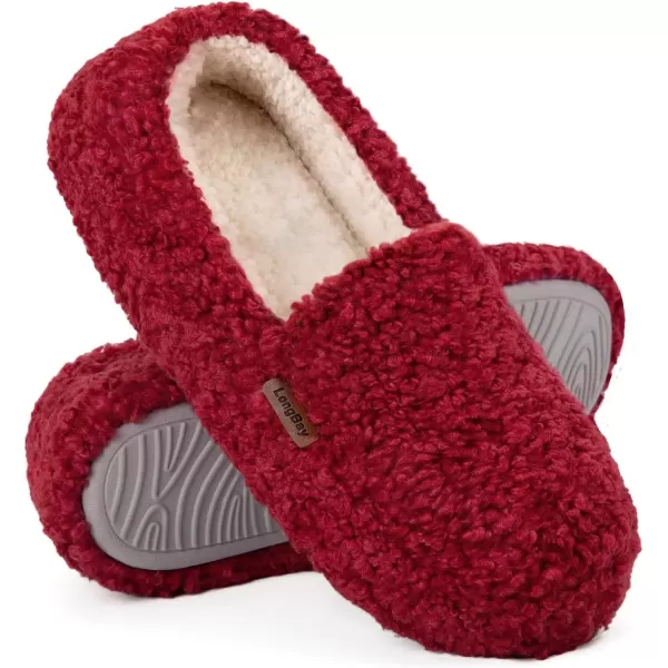 imageLongBay Womens Fuzzy Memory Foam Slippers Warm Cozy Shearling House Slippers for Ladies Supportive Slip on Indoor Home ShoesBurgundy