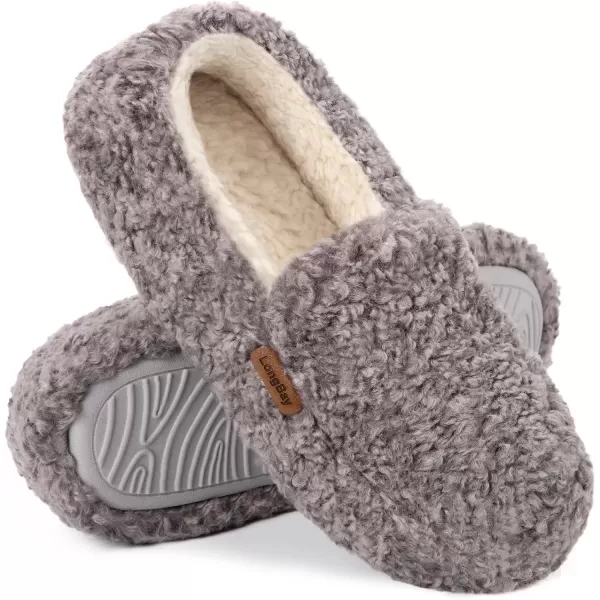 imageLongBay Womens Fuzzy Memory Foam Slippers Warm Cozy Shearling House Slippers for Ladies Supportive Slip on Indoor Home ShoesGrey