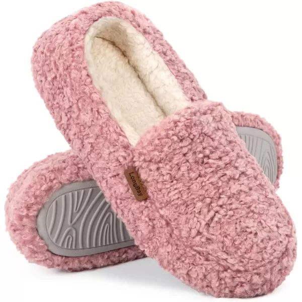 imageLongBay Womens Fuzzy Memory Foam Slippers Warm Cozy Shearling House Slippers for Ladies Supportive Slip on Indoor Home ShoesPink