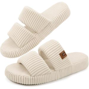 imageLongBay Slippers for Women Memory Foam Open Toe Slip On Bedroom Comfy House Shoes with DualStrapBeige