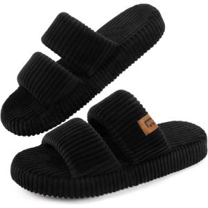 imageLongBay Slippers for Women Memory Foam Open Toe Slip On Bedroom Comfy House Shoes with DualStrapBlack