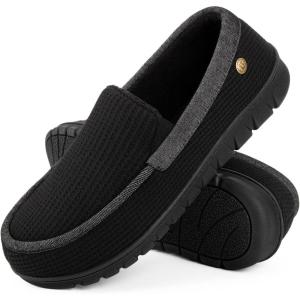 imageLongBay Mens Moccasin Slippers Cozy Memory Foam Waffle Knit Slip on House Shoes for Indoor OutdoorBlack