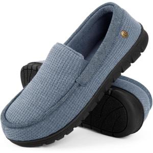 imageLongBay Mens Moccasin Slippers Cozy Memory Foam Waffle Knit Slip on House Shoes for Indoor OutdoorLight Blue