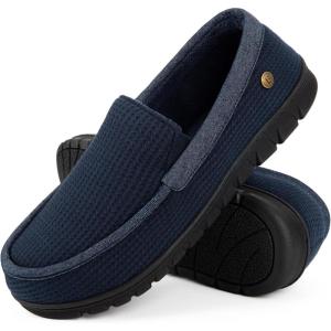 imageLongBay Mens Moccasin Slippers Cozy Memory Foam Waffle Knit Slip on House Shoes for Indoor OutdoorNavy Blue
