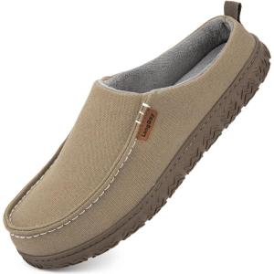 imageLongBay Mens Canvas Moccasin Slippers Slip on Memory Foam Clog House Shoes for Indoor OutdoorKhaki