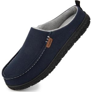 imageLongBay Mens Canvas Moccasin Slippers Slip on Memory Foam Clog House Shoes for Indoor OutdoorNavy Blue