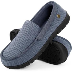 imageLongBay Mens Memory Foam Loafer Slippers Cozy Waffle Knit Slip on Moc House Shoes for Indoor OutdoorLight Blue