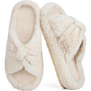 image:imageLongBay Womens Fuzzy Slippers Open Toe Memory Foam Supportive House Shoes Bow Crossbands Indoor Bedroom Slides GiftBeige