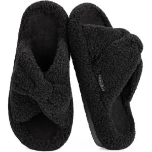 image:imageLongBay Womens Fuzzy Slippers Open Toe Memory Foam Supportive House Shoes Bow Crossbands Indoor Bedroom Slides GiftBlack