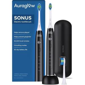 imageAURAGLOW Sonus Electric Toothbrush 5 Cleaning Modes 2 Brush Heads ampamp Travel Case 40000 VPM Sonic Toothbrush ampamp Wireless Charging 30Day Battery Life with Smart Timer BlackBlack