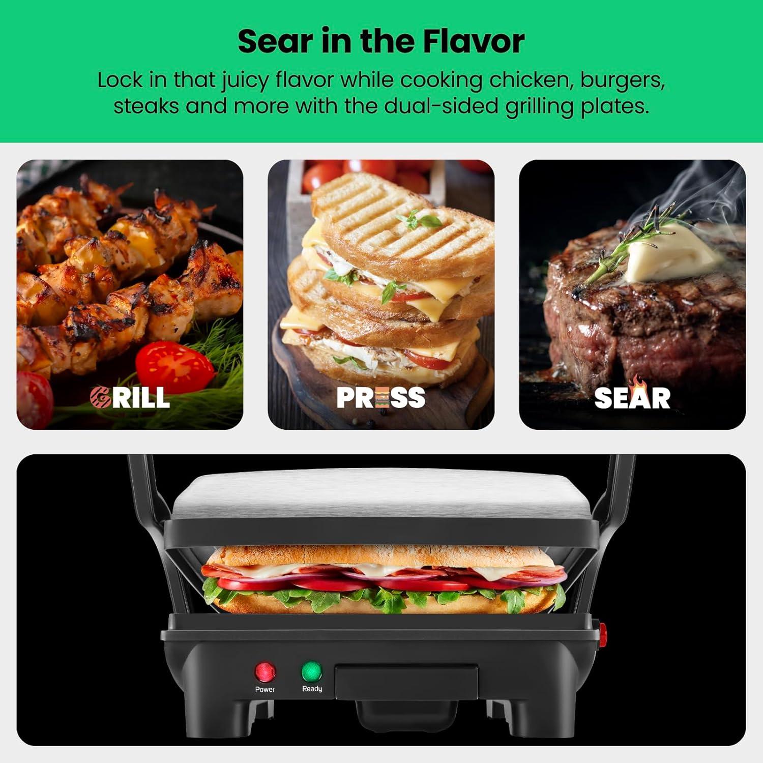 imageChefman Panini Press Grill and Gourmet Sandwich Maker NonStick Coated Plates Opens 180 Degrees to Fit Any Type or Size of Food Stainless Steel Surface and Removable Drip Tray 4 Slice Black4 Slice