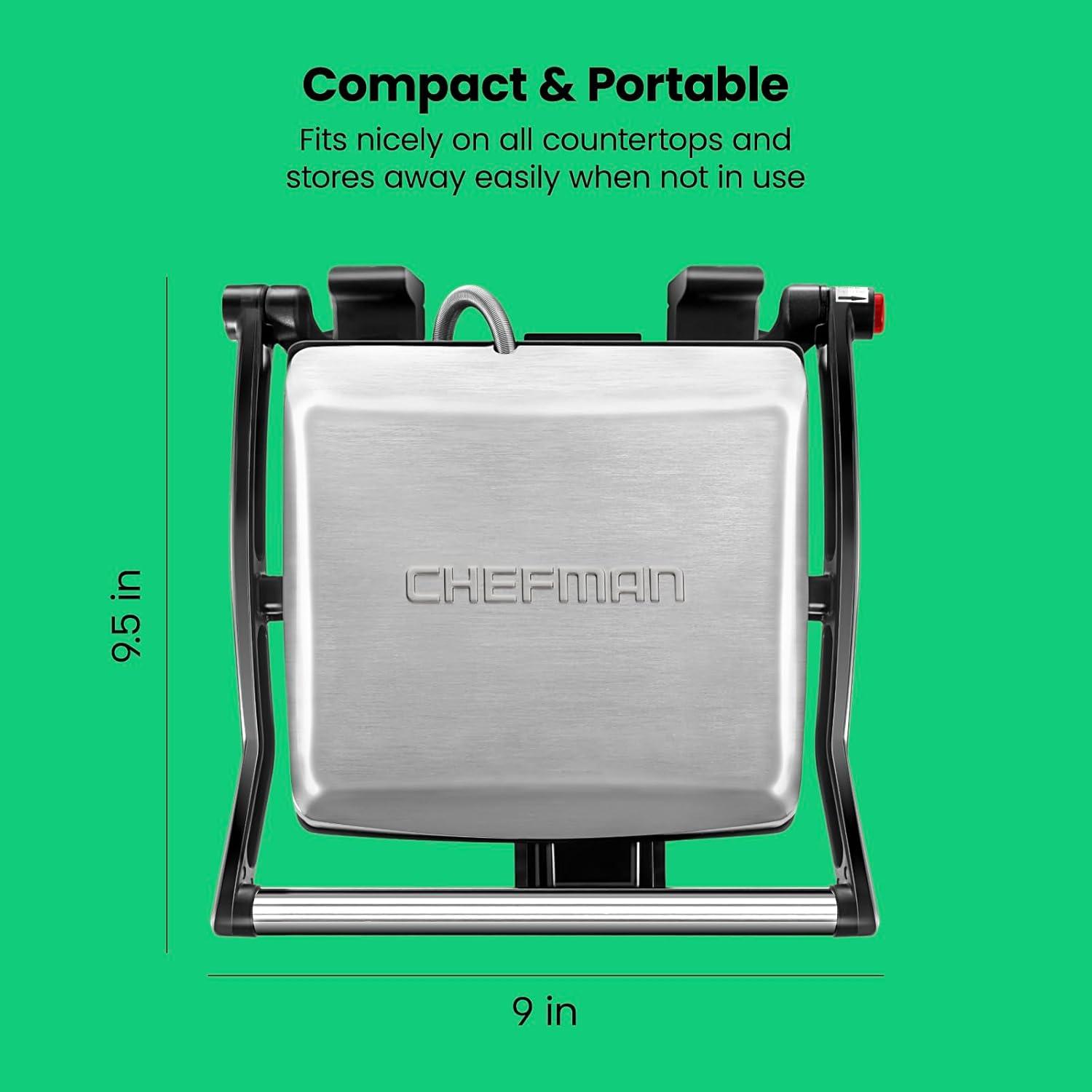 imageChefman Panini Press Grill and Gourmet Sandwich Maker NonStick Coated Plates Opens 180 Degrees to Fit Any Type or Size of Food Stainless Steel Surface and Removable Drip Tray 4 Slice Black4 Slice