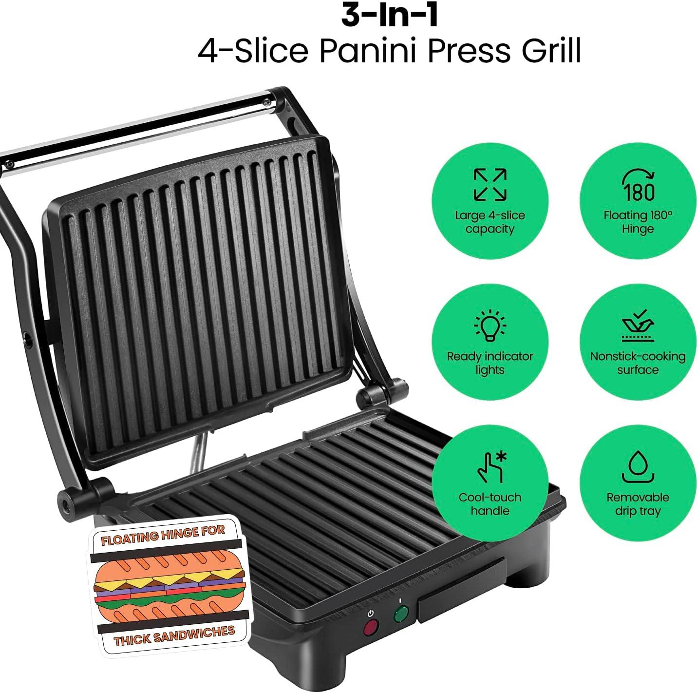imageChefman Panini Press Grill and Gourmet Sandwich Maker NonStick Coated Plates Opens 180 Degrees to Fit Any Type or Size of Food Stainless Steel Surface and Removable Drip Tray 4 Slice Black4 Slice