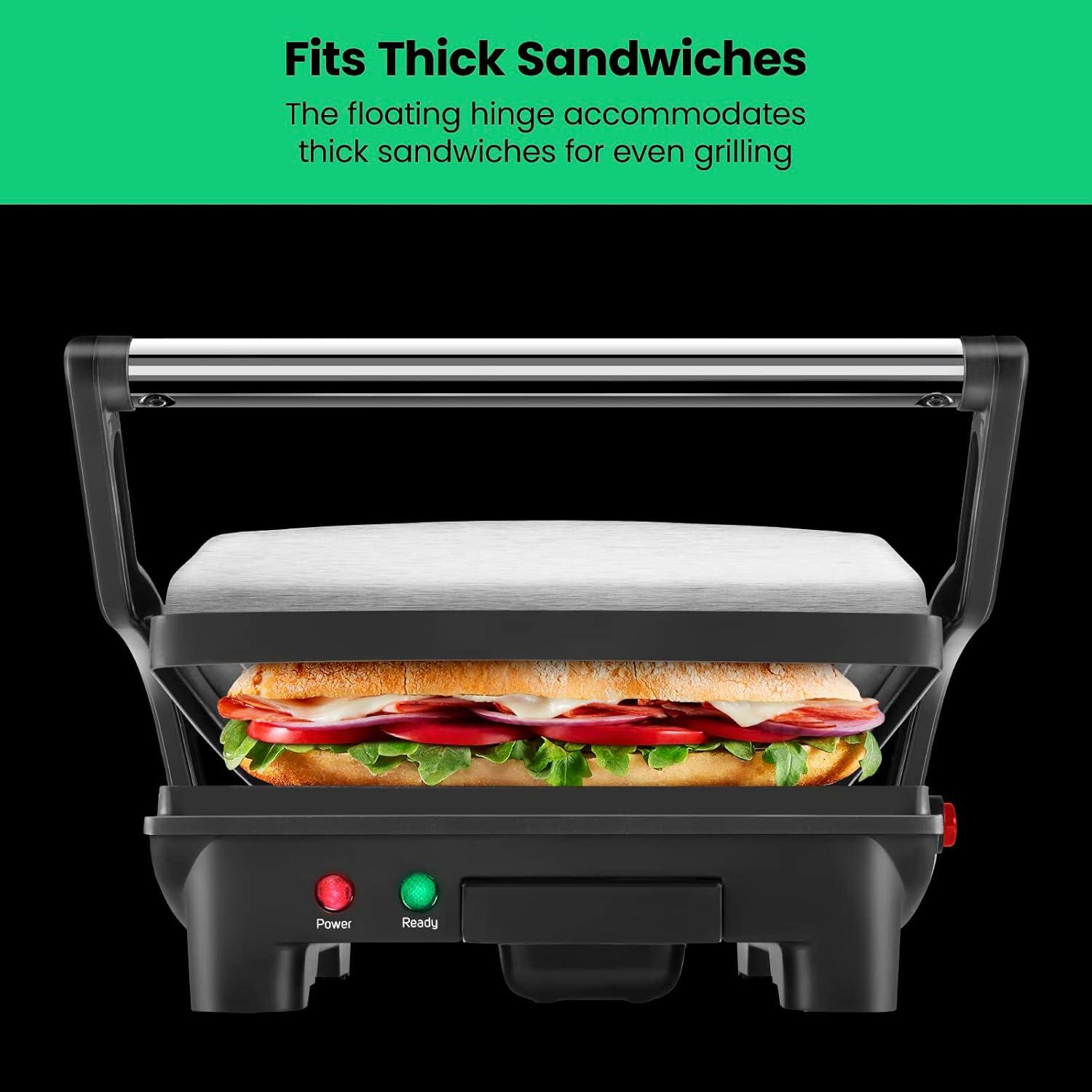 imageChefman Panini Press Grill and Gourmet Sandwich Maker NonStick Coated Plates Opens 180 Degrees to Fit Any Type or Size of Food Stainless Steel Surface and Removable Drip Tray 4 Slice Black4 Slice
