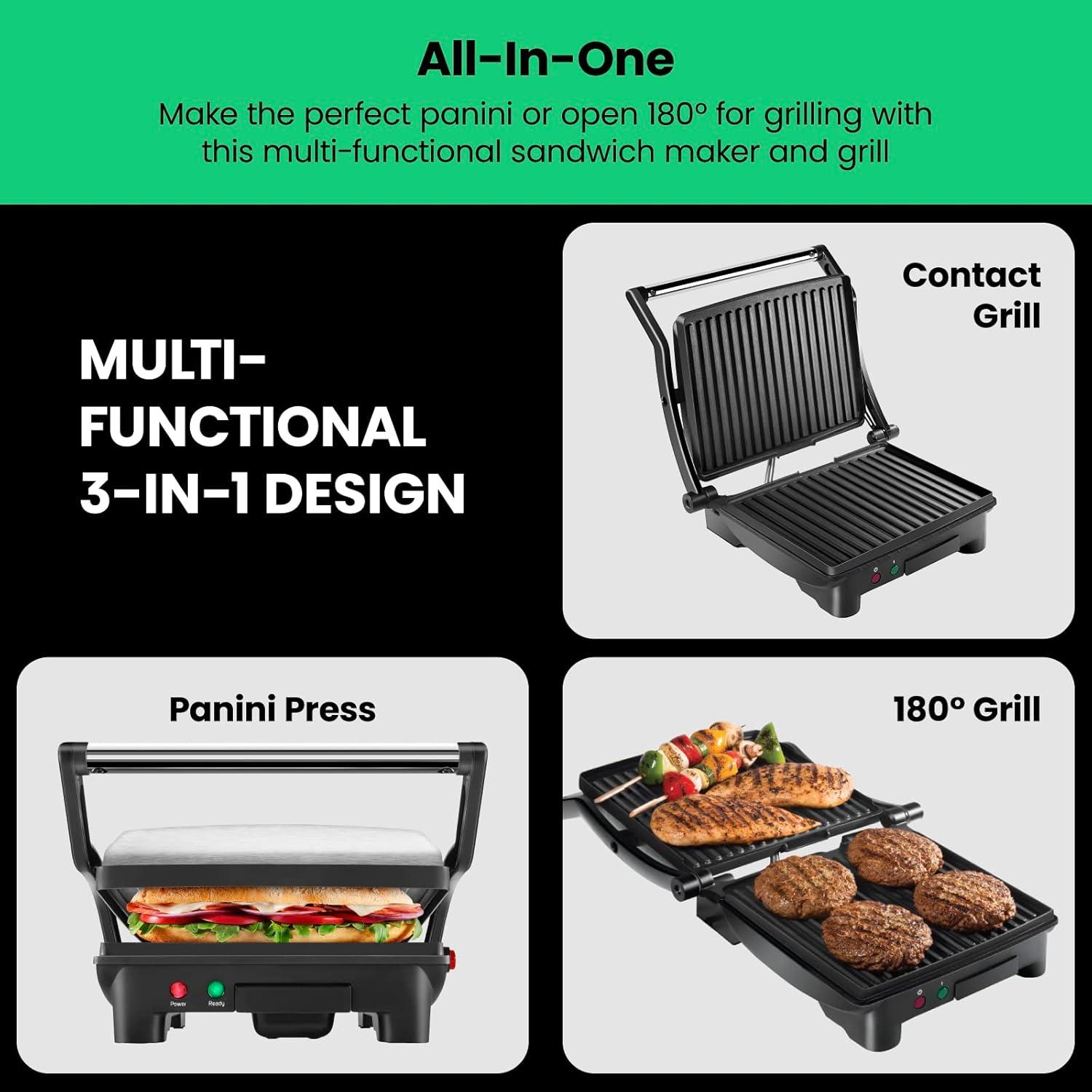 imageChefman Panini Press Grill and Gourmet Sandwich Maker NonStick Coated Plates Opens 180 Degrees to Fit Any Type or Size of Food Stainless Steel Surface and Removable Drip Tray 4 Slice Black4 Slice