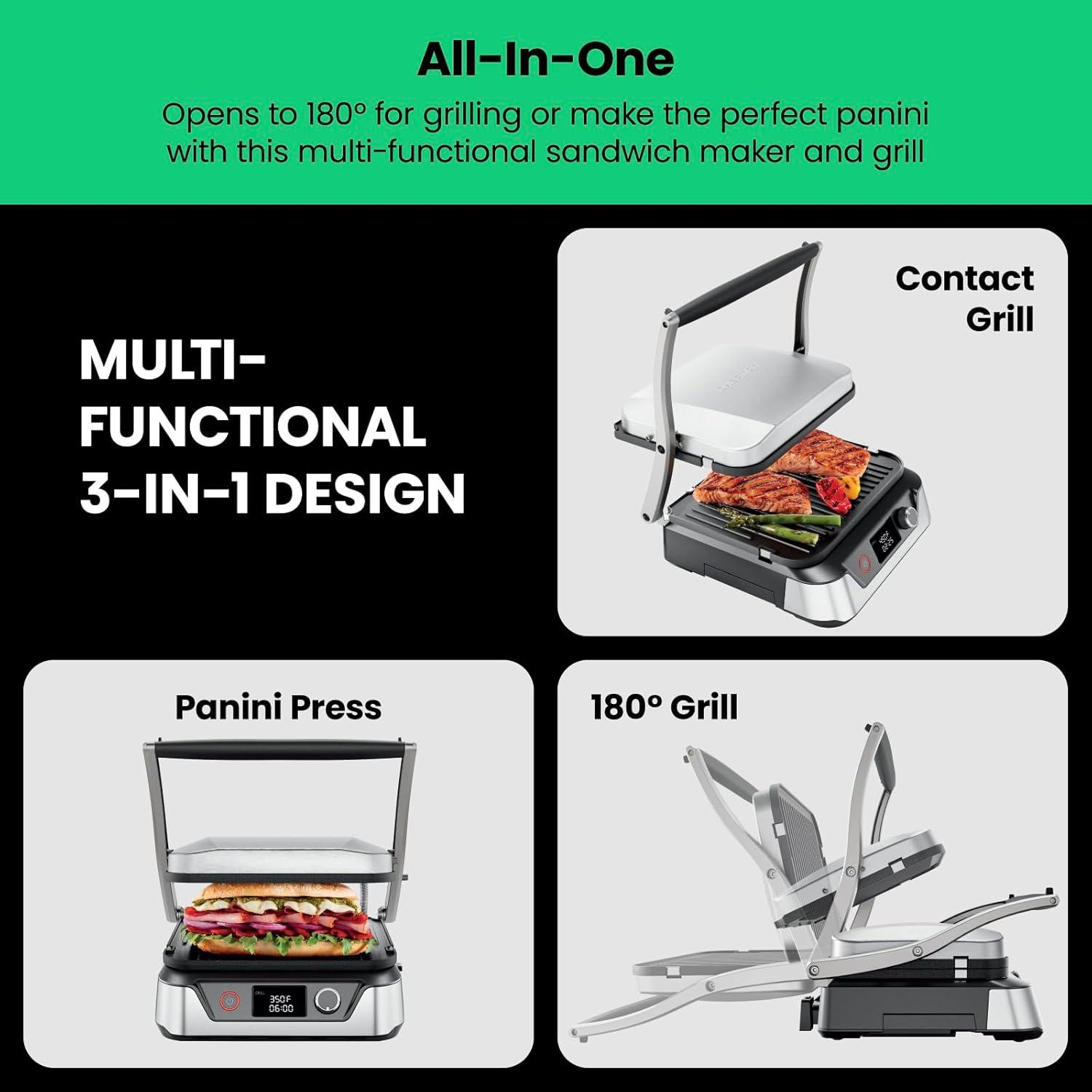 imageChefman Panini Press Grill and Gourmet Sandwich Maker NonStick Coated Plates Opens 180 Degrees to Fit Any Type or Size of Food Stainless Steel Surface and Removable Drip Tray 4 Slice Black4 Slice  Digital
