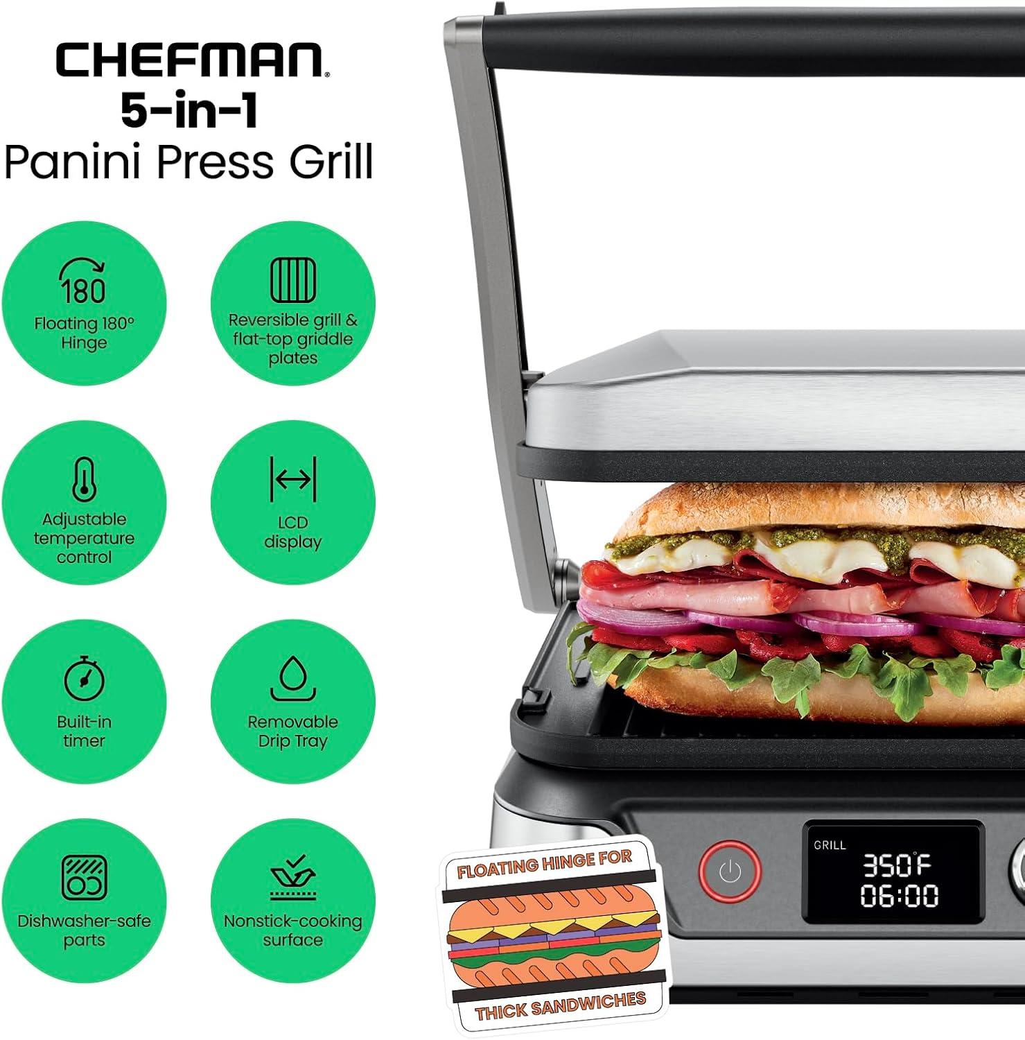 imageChefman Panini Press Grill and Gourmet Sandwich Maker NonStick Coated Plates Opens 180 Degrees to Fit Any Type or Size of Food Stainless Steel Surface and Removable Drip Tray 4 Slice Black4 Slice  Digital