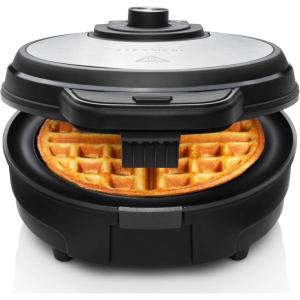 imageChefman AntiOverflow Belgian Waffle Maker wShade Selector Temperature Control Mess Free Moat Round Iron wNonstick Plates ampamp Cool Touch Handle Measuring Cup Included RedStainless Steel
