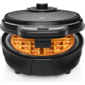 imageChefman AntiOverflow Belgian Waffle Maker wShade Selector Temperature Control Mess Free Moat Round Iron wNonstick Plates ampamp Cool Touch Handle Measuring Cup Included RedBlack Stainless Steel